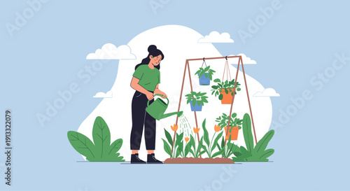 Young woman tending to her garden, using a watering can to water flowers and plants, enjoying a relaxing and rewarding hobby at home.