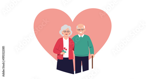 Happy elderly couple standing together inside a large pink heart, symbolizing their long-lasting love, marriage, and companionship in old age.