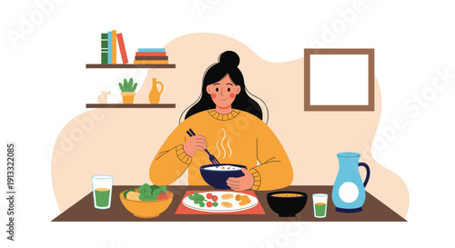 Young woman enjoying a healthy and balanced meal at home, sitting at a table with a variety of nutritious dishes like salad and soup.