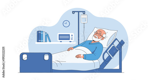 Sick elderly man with a beard resting in a hospital bed with an IV drip and a heart monitor, receiving medical care and treatment.