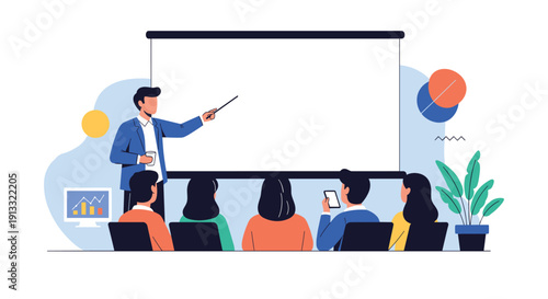 Male speaker giving a presentation to an audience in a conference room, pointing at a blank projection screen for a business meeting or lecture.