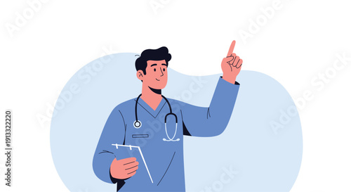 Friendly male doctor or nurse in blue scrubs holding a clipboard and pointing upwards, presenting information or a medical concept.