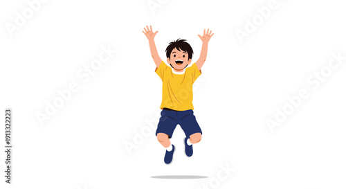 Happy and energetic young boy in a yellow t-shirt jumping in the air with his arms raised, expressing joy, excitement, and freedom.