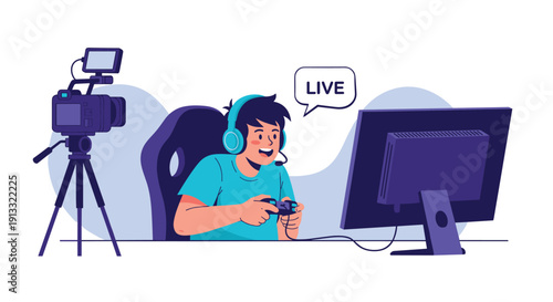 Young male gamer with headphones and a microphone playing a video game and live streaming his gameplay for an online audience.