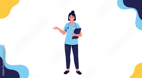 Friendly female nurse or doctor in blue scrubs holding a clipboard and gesturing, as if explaining a medical procedure or diagnosis.