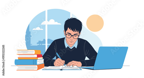Focused young male student with glasses sitting at a desk with a laptop and a stack of books, writing notes and studying diligently.
