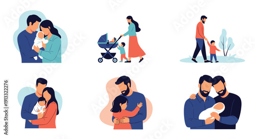 Set of six heartwarming illustrations showing different family moments like parents with a newborn, walking, and hugging children.