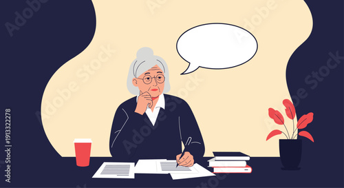 Thoughtful senior woman writing at her desk with a blank speech bubble, perhaps composing her memoirs, writing a letter, or planning.