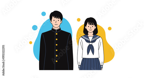 Smiling male and female Japanese students standing together, wearing traditional high school uniforms, the Gakuran and sailor fuku.