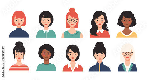 Collection of ten diverse female portraits showing women of different ethnicities, hairstyles, and styles in headshot avatars.