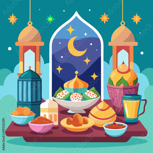 Traditional Eid-ul-Fitr food table vector illustration