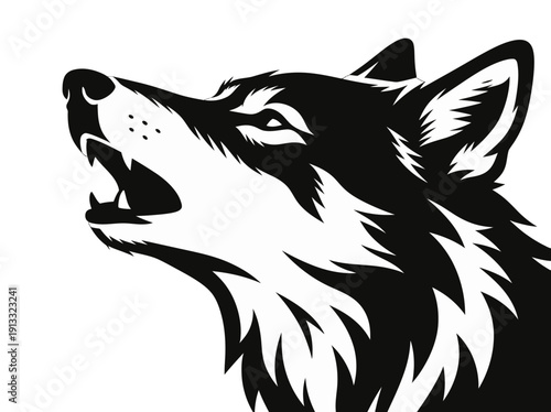 A black and white illustration of a wolf's head with an open mouth, showcasing sharp teeth and a fierce expression.