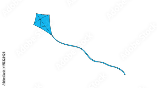 Blue kite with a long wavy tail flying against a white background