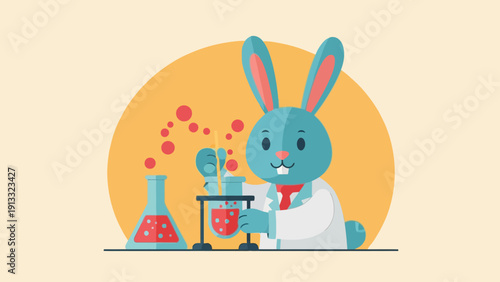 Blue rabbit in a lab coat conducting a bubbling chemical experiment