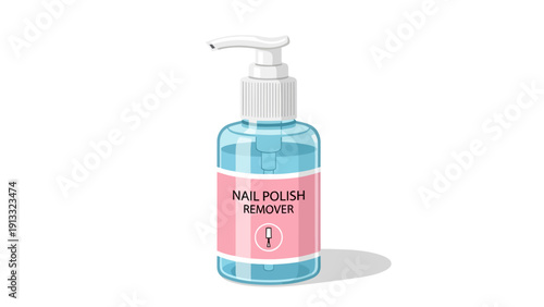 Bottle of blue liquid nail polish remover with a pink label and white pump