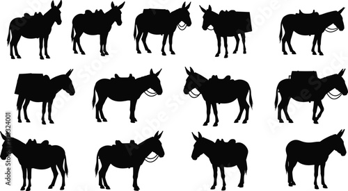 Tableau sur toile Black donkey silhouette collection set, farm animal mule with saddle and cargo p