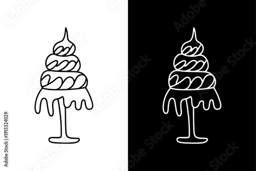 Hand-drawn Ice Cream Sundae Icon Set - Black and White Outline.