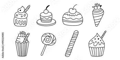 Hand Drawn Outline Sweets and Candies Collection. This image features a charming collection of 8 hand-drawn outline illustrations depicting various sweet treats and candies.