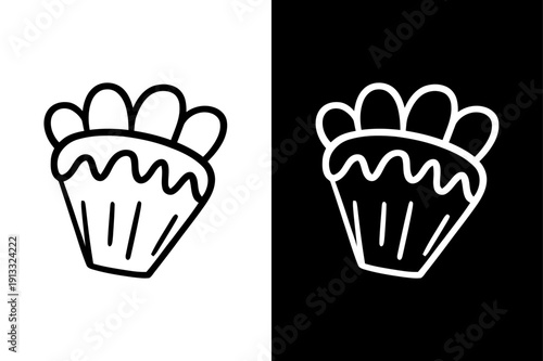 Hand-Drawn Cupcake Icon Set - Black and White Outline. A charming hand-drawn cupcake icon presented in two contrasting versions: a bold black outline on a crisp white background