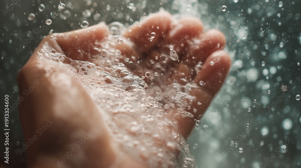 Fototapeta premium Water droplets splash onto an open hand, creating bubbles and movement in a close-up scene of liquid dynamics