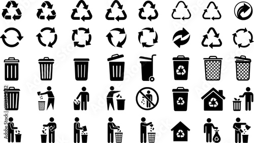 Recycling symbols and waste management icon collection in black silhouette style