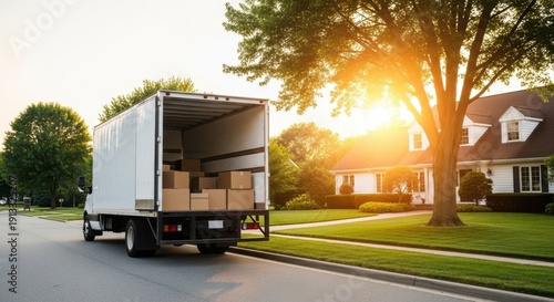 Box filled moving truck sits in driveway of suburban home at sunset. Ready for relocation day family belongings loaded in vehicle. Neighborhood transition day begins.