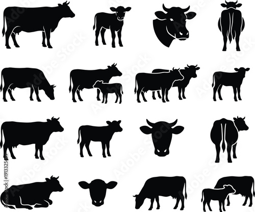 Farm animal silhouettes vector collection featuring cow, horse, goat, pig, sheep, chicken and other animals in simple black icon set