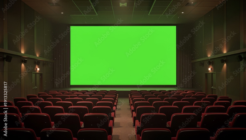 Fototapeta premium Empty modern cinema auditorium with rows of red seats facing a vibrant green screen for content display