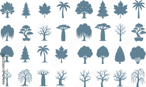Set of tree silhouettes in black vector style featuring palm and birch with leaves and branches in a natural forest design