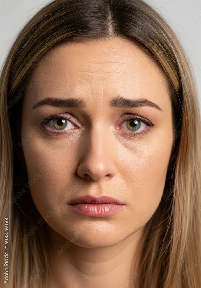Fototapeta premium Close Up Portrait Of A Young Woman With Sad Expression And Worried Green Eyes