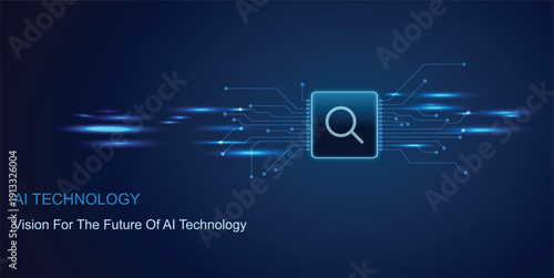 Digital AI Search Interface with Glowing Network Connections on Blue Background, Future Technology Concept.