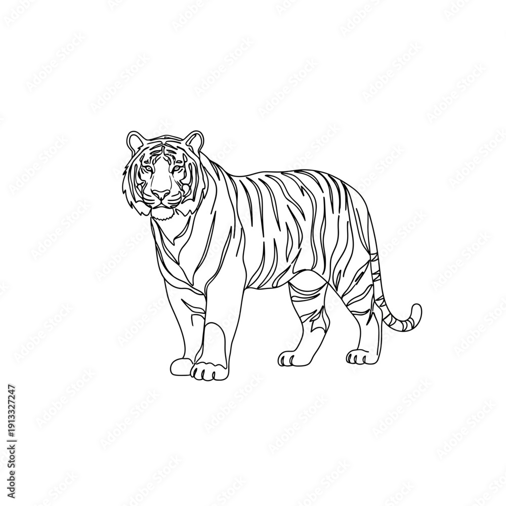 Obraz premium Realistic tiger illustration showcasing majestic and powerful features with striped coat patterns. Tiger stands confidently, emphasizing wild beauty.