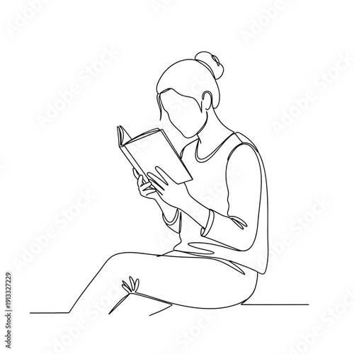 Woman reading book in minimalist line art style while sitting on floor. Engaging with literature in a calm moment of self-reflection brings joy and inspiration.