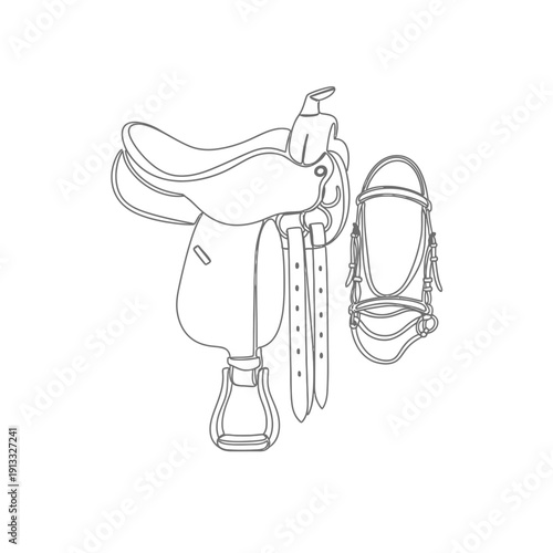 Horse saddle and bridle outline drawing for equestrian activities. Equestrian gear includes saddle and bridle for riding and training horses. Concept equestrian equipment for horse riding enthusiasts.