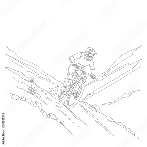 Mountain biking adventure on rocky trail with cyclist navigating through steep terrain. Mountain biking experience involves skillful maneuvers and adrenaline-filled moments.