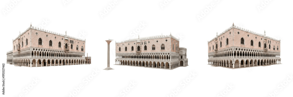 Fototapeta premium Doge’s Palace Venice Italy isolated on white background, Venetian Gothic palace landmark, Palazzo Ducale Venezia, historic government building architecture cutout PNG, white floor, no shadow