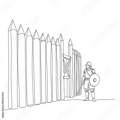 Illustration of soldier beside wooden fortification with pointed palisade and gate for medieval theme. Soldier stands guard in protective armor, holding round shield,