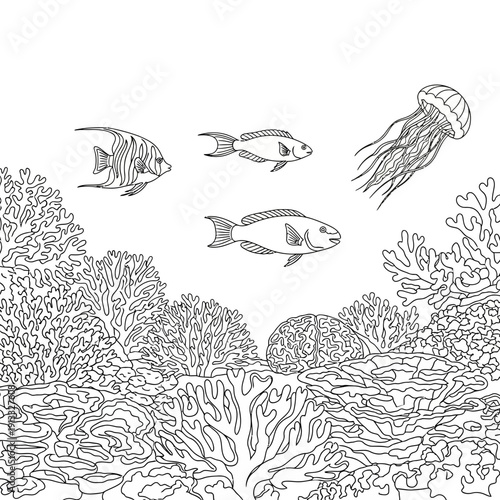 Underwater scene with fish and jellyfish swimming among coral reefs. Underwater habitat features various fish species and jellyfish floating gracefully above vibrant coral formations.