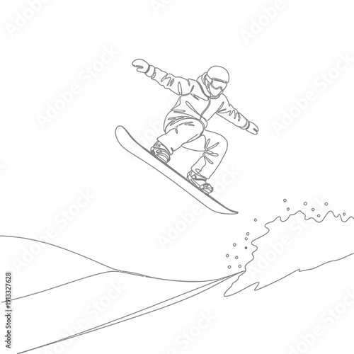 Snowboarder performing a jump on slope with snow spray. Snowboarder in action showcases skillful movement and dynamic pose during winter sports activities.