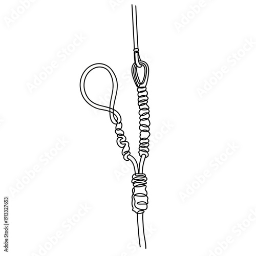 Climbing harness setup with dynamic rope and knot for safety. Climbing gear features essential components like secure loops and braided sections for reliable attachment.