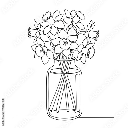 Daffodil bouquet in glass vase with cheerful flowers and stems creating a delightful arrangement. Daffodil bouquet enhances indoor spaces and brightens any setting.