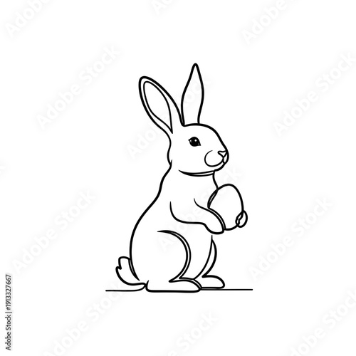 Cute cartoon rabbit holding an egg in a simple line art style. Adorable rabbit character with long ears and fluffy body stands holding an egg. Perfect illustration for Easter and spring celebrations.