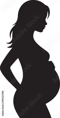A poised black silhouette of a pregnant woman with her hand resting on her side