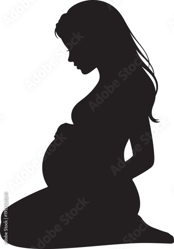 Kneeling pregnant woman silhouette gently cradling her baby bump in a serene and peaceful pose