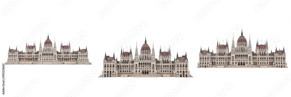 Fototapeta premium Hungarian Parliament Building Budapest isolated on white background, iconic government landmark on Danube River, Országház, Budapest neo-Gothic architecture cutout PNG, white floor, no shadow