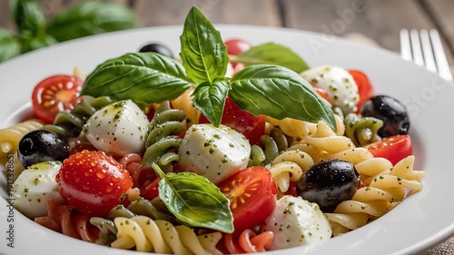 A closeup shot of a vibrant and fresh Italian pasta salad featuring colorful tricolor fusilli juicy cherry tomatoes creamy mozzarella balls briny black olives and aromatic fresh basil leaves perfectl.