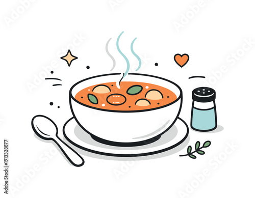 Soup bowl. A cozy bowl of soup placed on a table, gentle steam rising and creating a calm, comforting mood. Simple shapes and warm accents