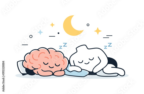 The importance of sleep. Brain and body icons resting together under a moon symbol. A clean metaphor for mental and physical recovery.