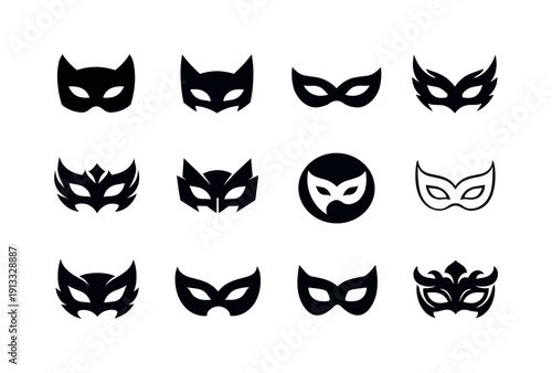 Cosplay performance. Icon set. Set Logo of cosplay performance: cosplay mask. harmonious logo variations of the same emblematic concept, each
