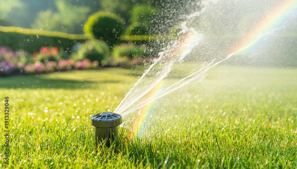 Fototapeta premium Sprinkler watering green lawn creating rainbow effect